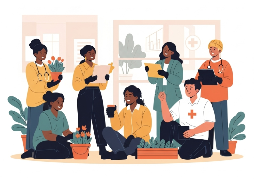 Group of happy volunteers working together